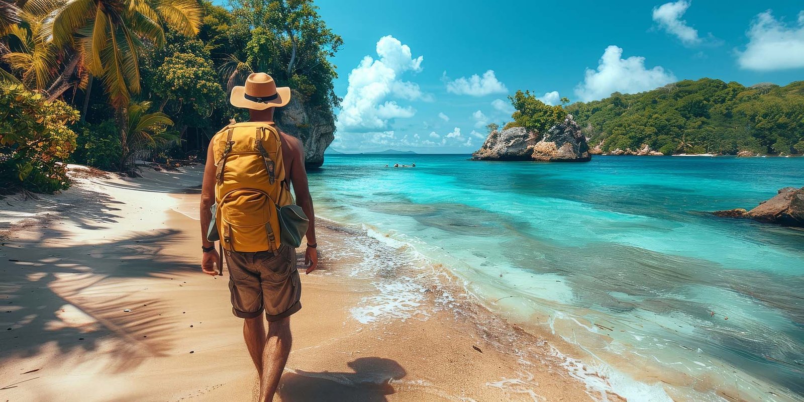 A man with a backpack strolling by the beach under fluffy clouds